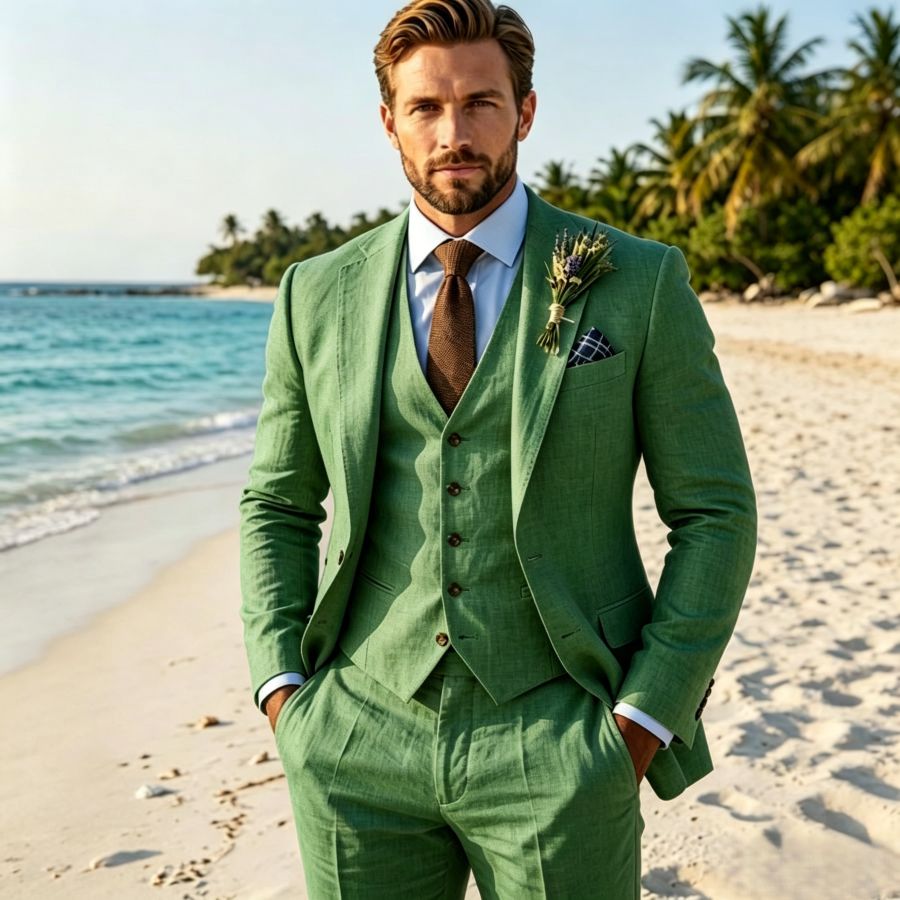 Beige Linen Wedding Suit 3 Pie - Men'S Grooming Room incelemesi ve fiyatı