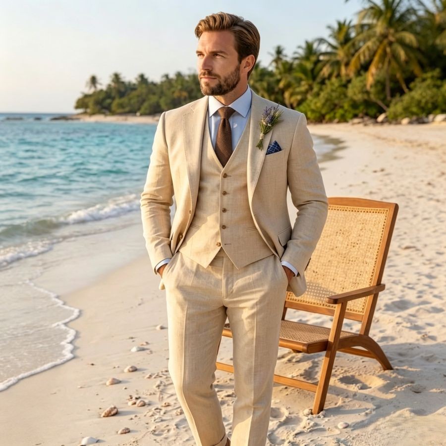 Beige Linen Wedding Suit 3 Pie - Men'S Grooming Room incelemesi ve fiyatı